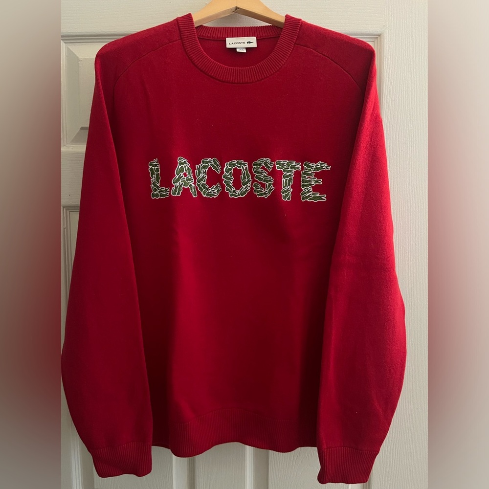 Lacoste - Red crewneck sweater, embroidered logo, Size:7